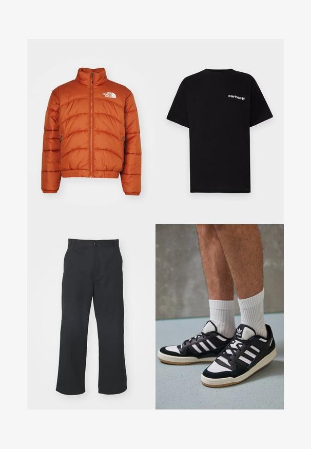 Puhast luksuzna jakna v oranžni barvi, z visokim ovratnikom, zadrgo, šivalnimi vzorci in logotipom na levem prsnem delu. Dva stranska žepa.; Črna bombažna majica s kratkimi rokavi, okroglim izrezom in belim napisom "Carhartt" na levi prsni strani. Gladek tekstura, minimalističen dizajn.; Črne hlače ravnega kroja iz tkanine z gladko teksturo, z zapiranjem na gumb spredaj in običajnimi žepi.; Črno-bele superge z zgornjim delom iz usnja in nubuka, ki imajo tri bele črte, perforiran vrh prstov in podplat iz gume.