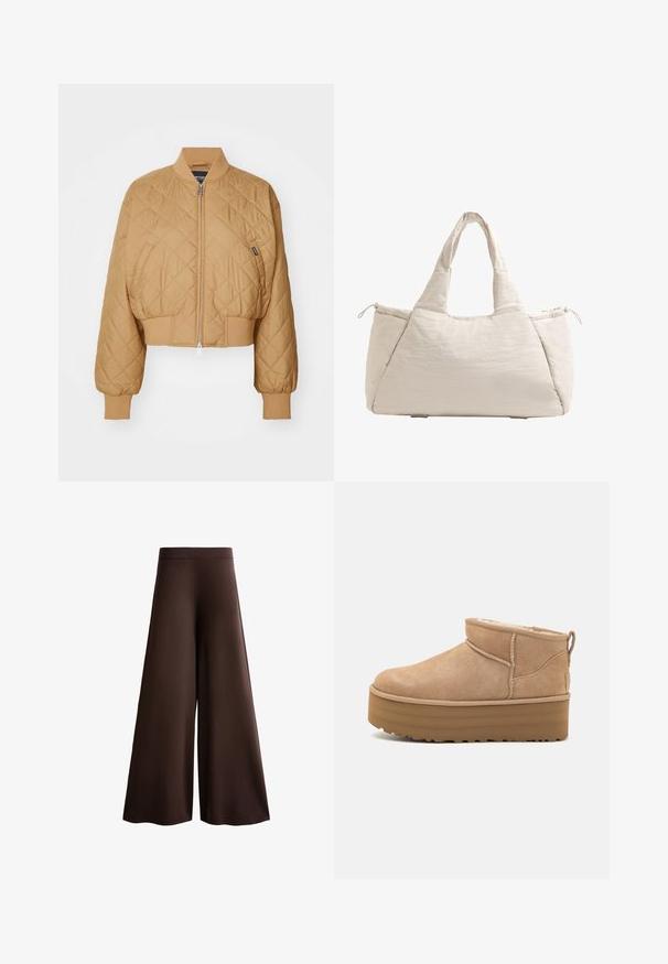Jachetă bomber scurtă, de culoare bej, cu model diamond quilted, închidere cu fermoar, manșete ribb și tiv bandat. Prezintă un mic eticheta a brandului pe lateral.; Pulover crem cu guler înalt, cu tivuri și manșete texturate, din tricot moale, cu croială lejeră, slituri laterale și o parte din spate ușor mai lungă.; Pantaloni largi maro, dintr-un material moale, cu talie înaltă, textură subtilă și o siluetă fluidă, fără închideri sau ornamente vizibile.; Botine din suede bej, cu interior moale, având o talpă pe platformă și un tab de tragere în spate pentru o purtare ușoară. Talpă exterioară din cauciuc texturat.; Geantă tote bej matlasată cu două mânere, formă rotundă, țesătură texturată și un buzunar lateral cu șnur. Finisaj neted, design minimalist.