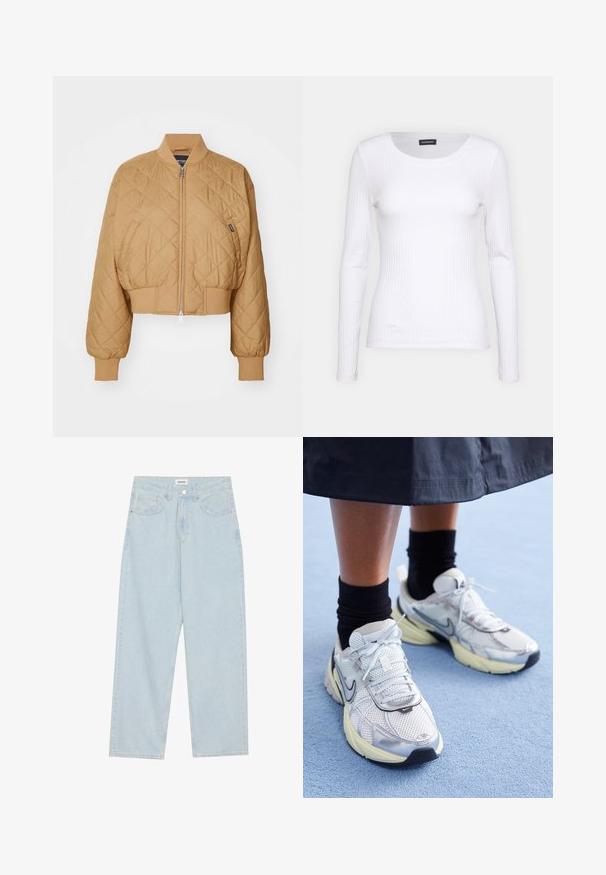 Krótkia, beżowa kurtka bombka z rombowym wzorem, z zamkiem błyskawicznym, ściągaczami u dołu rękawów i ściągaczem u dołu. Posiada małą metkę marki z boku.; Biała, prążkowana bluzka z długim rękawem i okrągłym dekoltem. Wykonana z elastycznej tkaniny, która dobrze przylega do ciała. Posiada subtelne poziome pasy.; Jasnoniebieskie dżinsy o szerokich nogawkach, wykonane z denimu, z średnim stanem, pięcioma kieszeniami oraz zapięciem na guzik z wąskim metalowym akcentem.; Białe i srebrne sneakersy Nike z siateczkowym materiałem, odblaskowymi akcentami i beżową podeszwą. Noszone z czarnymi skarpetkami, stojące na niebieskiej powierzchni.