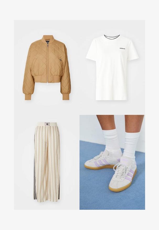 Avkortet, beige bomberjakke med diamantquiltet mønster, glidelås, ribbestrikkede mansjetter og ribbestrikket nederkant. Har en liten merkeetikett på siden.; Hvit bomull t-skjorte med korte ermer og rund hals. Har en svart Adidas-logo på brystet og en kontrasterende svart indre krage.; Kremfargede bukser med brede ben og zigzag-mønster, med en svart logo-linning og svarte striper på siden. Lett, teksturert stoff.; Lys grå semsket sneakers med tre lavendelstriper, gummisåle, flate lisser og hvite ribbede sokker. Plassert mot en blå bakgrunn.