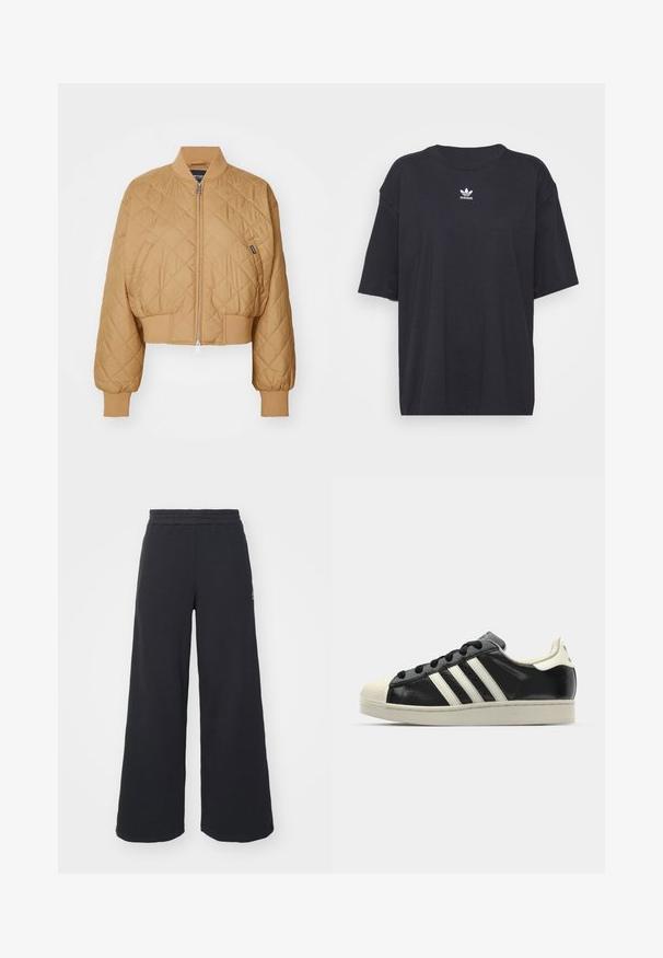 Gekürzte, beige Bomberjacke mit diamantförmigem Steppmuster, Reißverschluss, gerippten Bündchen und elastischem Saum. Verfügt über ein kleines Markenetikett an der Seite.; Schwarzes Baumwoll-T-Shirt mit kurzen Ärmeln, rundem Halsausschnitt, mit einem weißen Adidas-Logo auf der Brust. Einfaches Design, lockere Passform.; Schwarze weite Sweatpants aus weichem Material, mit einem elastischen Taillenbund und einem kleinen Logo auf der linken Seite.; Schwarze Ledersneaker mit weißen Streifen, Gummikappe, schwarzen Schnürsenkeln und einer cremefarbenen Sohle. Glatte Textur mit glänzender Oberfläche.