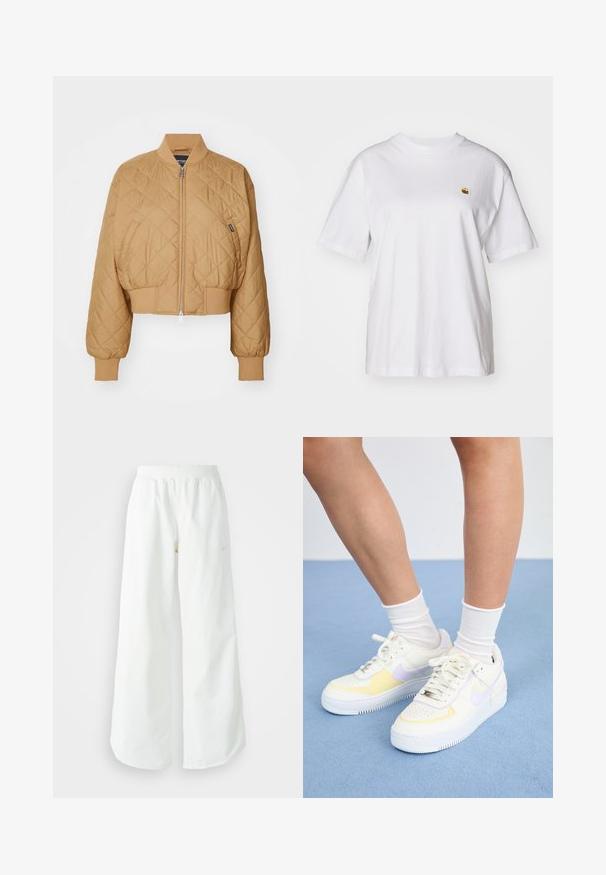 Lühendatud, beeži tooniga pommikindel jope, millel on teemantpadruni muster, lukuga kinnitamine, soonikkoes mansetid ja ribadega alläär. Küljel on väike brändimärk.; Valge puuvillane T-särk, millel on lõdva lõikega, lühikesed varrukad ja väike broderi logo vasakul rinnakarpi.; Valged laiad spordipüksid, ribadega vöökoht ja diskreetne logosümbol. Sile kangas, lõdvestatud istuvus ja kitsenev ääreosa.; Valged nahast tossud kollaste ja lavendlitoonide aktsentidega, ümar varvas, tasased paelad ja tekstureeritud kummist tald. Kannab valgeid sokke.