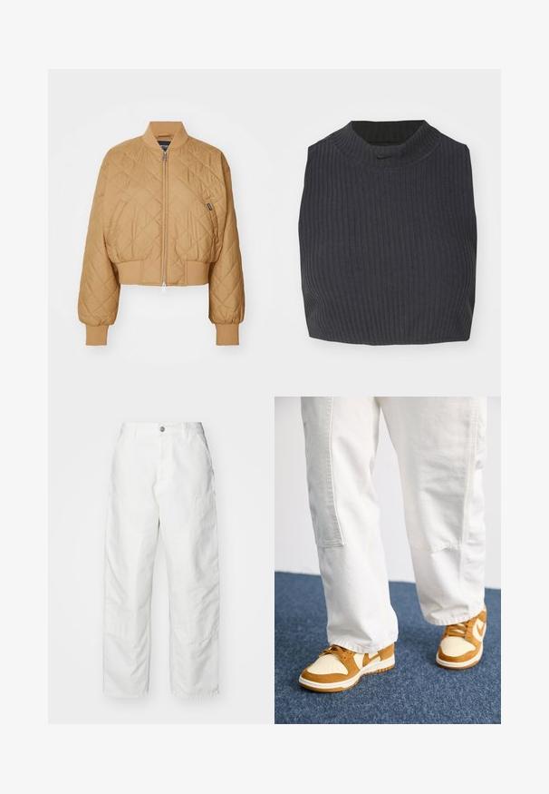 Cropped, tan bomber jacket with diamond quilted pattern, zip closure, ribbed cuffs, and banded hem. Features a small brand label on the side.; Cropped ribbed top in dark navy, featuring a high neckline and a subtle Nike logo. The fabric has a textured, stretchy appearance.; White cargo pants made of denim, featuring a relaxed fit, side pockets, and visible stitching details. Plain front with a button closure.; Brown and cream sneakers with suede and leather materials, featuring perforated toe, laces, and white soles. Worn with white pants.