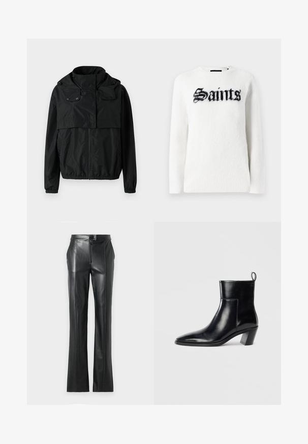Fekete szélálló dzseki magas gallérral, elöl cipzáros záródással, rugalmas mandzsettákkal és rövidített fazonnal. Simító, könnyű anyag, minták nélkül.; Fehér pulóver plüss anyagból, elülső részén fekete "Saints" grafikával. Kerek nyakú, hosszú ujjú, bordázott szegélyekkel.; Fekete bőr nadrág egyenes szabással, magas derekkal, cipzáras záródással és látható varrási részletekkel az illesztéseknél. Simas textura.; Fekete bőr bokacsizma hegyes orral, geometrikus, rétegelt sarokkal és hátsó húzófüllel. Sima textúra és kifinomult dizájn.