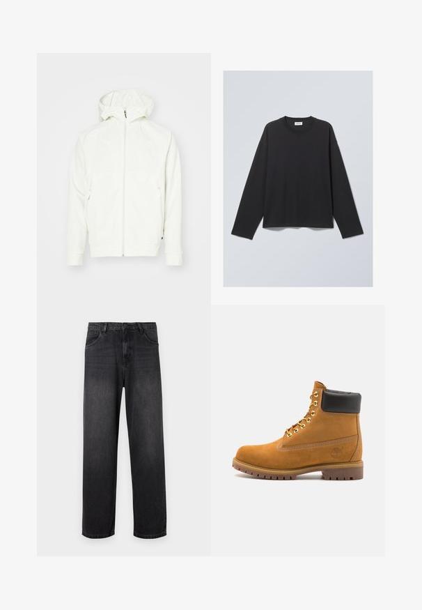 Chaqueta blanca con capucha y cierre frontal, hecha de una tela suave. Presenta bolsillos laterales y un pequeño logo en el pecho.; Camiseta negra de manga larga hecha de tejido suave. Cuenta con un escote redondo y un corte relajado. Detalles de costura en los hombros, diseño minimalista.; Jeans de denim gris oscuro con un diseño de pierna recta, que cuentan con un cierre de cremallera, cinco bolsillos y sutiles detalles de desvanecimiento en la tela.; Botín de ante marrón claro con collar acolchado negro, ojales de metal dorado, detalles de costura blanca y suela de goma resistente con tacos pronunciados.
