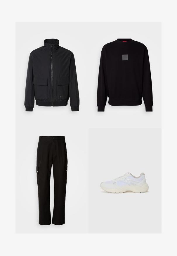 Musta bombersatakke korkealla kauluksella, etuvetoketjulla, kahdella suurella läpällisellä taskulla, joustavilla hihansuilla ja ribatulla helmalla. Sileä kankaan rakenne.; Musta collegepaita pitkilla hihoilla, pyöreällä kaula-aukolla, edessä harmaa neliölogo, pehmeä rakenne sekä ribbaus hihansuissa ja helmassa.; Mustat cargo-housut puuvillasta, joissa on rento istuvuus, sivutaskut, nappikiinnitys ja suorat lahkeet. Yksinkertainen muotoilu ilman kuvioita.; Valkoiset urheilukengät, jotka on valmistettu verkkokankaasta ja mokasta, sisältävät tekstuurillisen välipohjan, teksturoituja yksityiskohtia ja "HUGO"-logon sivussa.