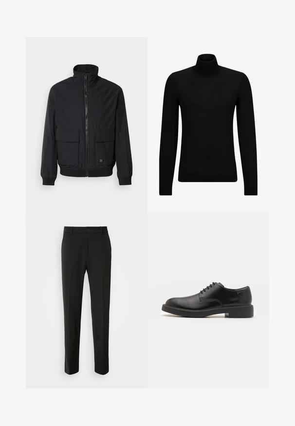 Juodas bomberis su aukštu apykakle, priekiniais užtrauktukais, dviem didelėmis kišenėmis, elastingomis rankovėmis ir įrengtu apačiu. Lygus audinio tekstūros.; Juodas aukšto kaklo megztinis, pagamintas iš minkštos medžiagos, su ilgomis rankovėmis ir prigludusia forma. Su raukiniais apačioje ir rankogaliuose. Paprastas dizainas.; Juodi kelnes, pagamintos iš lygaus audinio, su tiesiomis kojomis, mygtuko uždarymu ir klasikiniu dizainu, tinkamu tiek formaliai, tiek kasdienei aprangai.; Juodas odinis batų modelis su raišteliais, apvaliu nosiu, lygiu paviršiumi, minimaliai siuvinėjimu ir žemu guminėmis pakulne. Ant pakulnės šalia logo.