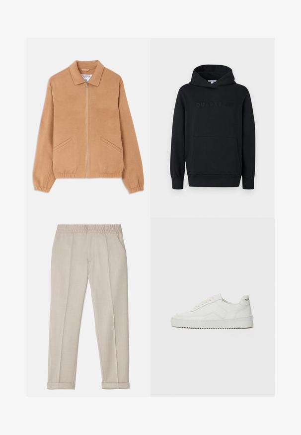 Tan uldblandende jakke med krave, frontlynlås og to skrå lommer. Har et afslappet fit og ribbede manchetter. Teksturstof.; Sort hættetrøje, blødt materiale, pullover-design, frontlomme til hænderne, præget "QUARTZ CO" logo på brystet, ribbede manchetter og kant.; Filippa K TERRY CROPPED TROUSERS - Bukser - sage melange; Hvide lædersneakers med en glat overflade, rund tå, flade snørebånd og en tekstureret sål. Har et diskret logo på hælen.