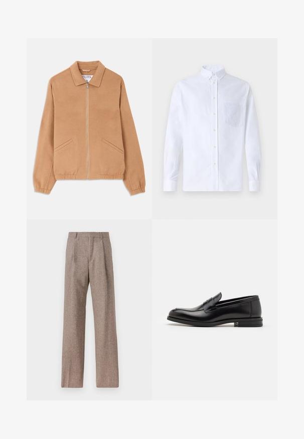 Beige Wollmischjacke mit Kragen, Frontreißverschluss und zwei schrägen Taschen. Entspannt geschnitten mit gerippten Bündchen. Texturierter Stoff.; Weißes Langarm-Hemd mit Knöpfen aus Baumwolle, ausgestattet mit einer Brusttasche mit tonalem Stickerei, einem Kragen und Knopfmanschetten.; Braune, hochtaillierte Hose aus strukturiertem Stoff. Mit weitem Bein und zwei vorderen Bügelfalten für zusätzliche Form. Saubere Verarbeitung ohne sichtbare Hardware.; Schwarze Lederloafers mit glatter Textur, rundem Zehenbereich und einem dekorativen Riemen über dem Vorderfuß. Niedriger, gestapelter Absatz, minimalistisches Design.