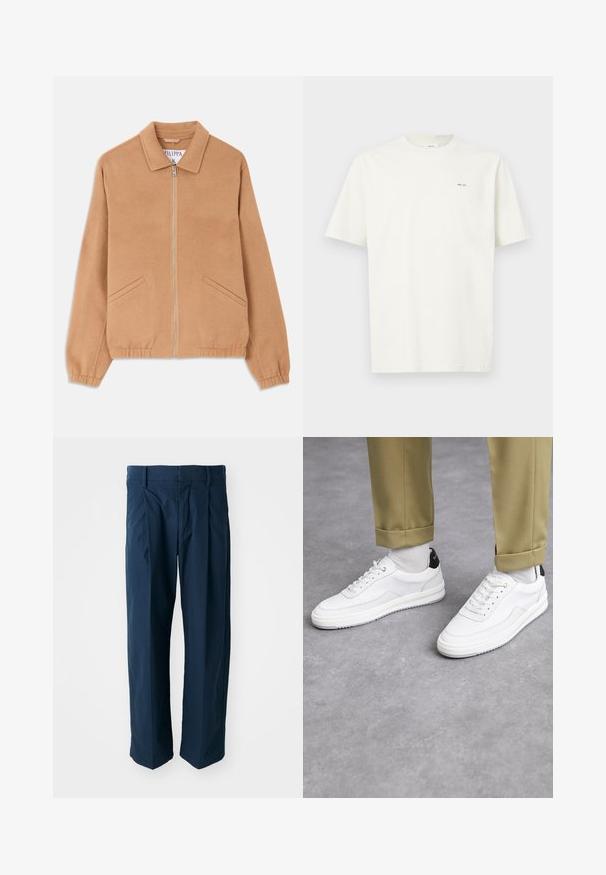 Giacca in miscela di lana beige con colletto, zip frontale e due tasche oblique. Presenta una vestibilità rilassata e polsini a costine. Tessuto testurizzato.; Maglietta a maniche corte bianca con colletto girocollo, con piccolo testo nero "NN. 07" sul lato sinistro del petto, su uno sfondo chiaro.; Pantaloni blu navy realizzati in cotone, con una vestibilità comoda, pieghe frontali e vita piatta con passanti per cintura.; Sneaker bianchi con finitura in pelle testurizzata, punta arrotondata e accentuazione nera sul tallone. Suola in gomma con piccolo motivo di battistrada e dettagli cuciti.