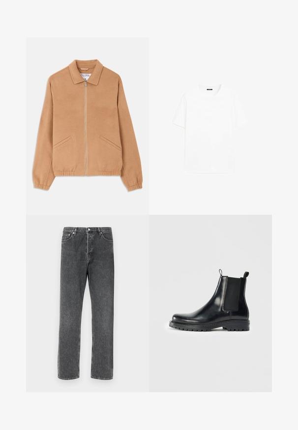 Beige Wollmischjacke mit Kragen, Frontreißverschluss und zwei schrägen Taschen. Entspannt geschnitten mit gerippten Bündchen. Texturierter Stoff.; Weißes Baumwoll-T-Shirt mit kurzen Ärmeln, rundem Ausschnitt und geradem Schnitt. Glatte Textur ohne sichtbare Muster oder Akzente.; Graue Denim-Jeans mit gerader Passform, die über fünf Taschen, einen vorderen Knopfverschluss und kontrastierende Nähte entlang der Säume verfügen.; Schwarze Leder-Chelsea-Stiefel mit elastischen Seitenpaneelen, einer Schlaufe für einfaches Anziehen und einer robusten Gummisohle mit strukturiertem Grip.