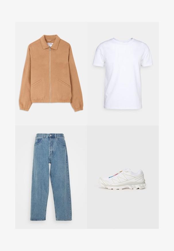 Beige Wollmischjacke mit Kragen, Frontreißverschluss und zwei schrägen Taschen. Entspannt geschnitten mit gerippten Bündchen. Texturierter Stoff.; Weißes T-Shirt mit kurzen Ärmeln aus Baumwollstoff und rundem Halsausschnitt. Schlichtes Design ohne Muster oder Akzente. Glatte Textur.; Hellblaue Denim-Jeans mit hoher Taille und lockerer Passform, ausgestattet mit zwei vorderen Taschen, einer hinteren Aufsatztasche und einem Knopfverschluss.; Weiße Sportlich-Schuh mit strukturiertem Mesh-Obermaterial, reflektierenden Akzenten und einer gepolsterten Sohle. Auffälliges Markenlogo an der Seite.