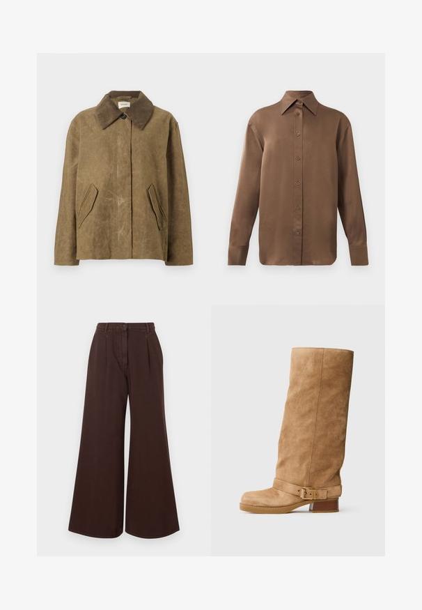 Casaco encerado castanho com colarinho de veludo, apresentando dois bolsos laterais angulados e um corte relaxado e largo. Textura macia com uma aparência ligeiramente gasta.; Camisa branca de mangas longas com botões e colarinho pontudo, exibida contra um fundo branco liso.; Calças largas de cintura alta, castanhas, com fecho de botão e zíper, passantes para cinto e pregas frontais.; Bota de camurça em tom bege, até ao meio da panturrilha, com um tacão baixo e empilhado, bico redondo e uma correia ajustável com uma fivela dourada à volta do tornozelo.