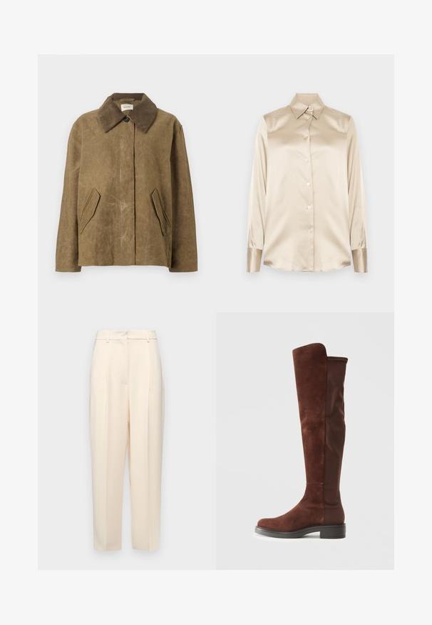 Brown waxed jacket with a corduroy collar, featuring two angled side pockets and a relaxed, boxy fit. Soft texture with a slightly worn appearance.; Beige satin shirt with a pointed collar, full-length sleeves, button closure, and cuffs in a slightly glossier finish. No patterns or accents.; Beige tailored trousers with a straight fit, featuring pleats at the front, a smooth texture, and a mid-rise waist. No visible pockets.; Tall brown suede and fabric boot with low black heel and rounded toe, shown in side view on plain white background.