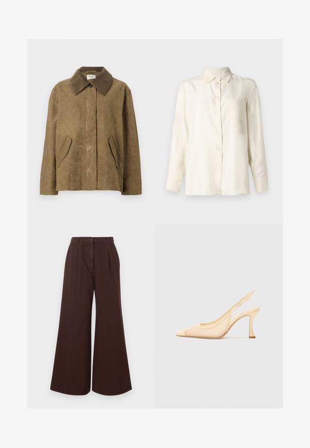 Smeđa voskana jakna s ovratnikom od kordura, koja ima dva koso postavljena bočna džepa i opušten, kutijast fit. Mekana tekstura s blagim izgledom istrošenosti.; Krema boje, dugih rukava, košulja s gumbima od glatkog materijala s ovratnikom i jednom džepom na prsima. Minimalistički dizajn i mekana tekstura.; Smeđe hlače širokih nogavica visokog struka s dugmetom i zatvaračem, petljama za remen i prednjim nabranim detaljima.; Cipele na visokom petu sa slingback dizajnom u svijetlosmešastoj mrežici, s isklesanim vrhom i tankim, zakrivljenim potpeticama, koje imaju minimalistički naglasak s kopčom.