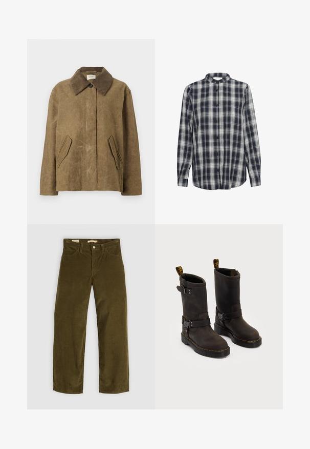 Jachetă maro ceruită cu guler din catifea, având două buzunare laterale înclinate și o croială lejeră, boxy. Textură moale cu un aspect ușor purtat.; Cămașă cu butoni în carouri bleumarin și alb, cu mâneci lungi, confecționată din material flanel, având guler mandarin și nasturi negri.; Pantaloni din catifea ondulată de culoare verde măsliniu, cu un design cu picior drept, având buzunare frontale și închidere cu nasturi, prezentând o textură verticală cu nervuri.; Bocanci din piele maro închis cu un design până la jumătatea tibiei, cusături galbene, curele cu catarame ajustabile și bucle pentru tragere în partea de sus. Finisaj texturat.