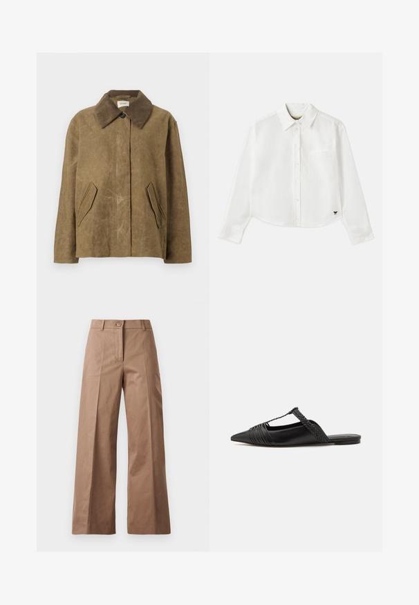 Jachetă maro ceruită cu guler din catifea, având două buzunare laterale înclinate și o croială lejeră, boxy. Textură moale cu un aspect ușor purtat.; Cămașă albă cropped cu mânecă lungă din bumbac. Prezentă un închizător cu nasturi în față, un buzunar pe piept și un mic logo negru în partea stângă jos.; Pantaloni largi de culoare maronie, confecționați dintr-un material neted, având o închidere cu nasture în față, două buzunare frontale și linii curate, croite.; Pantofii din piele neagră cu curea la spate au vârful ascuțit, prezentând un accent țesut și un design superior pliat. Talpa joasă cu hardware minim.