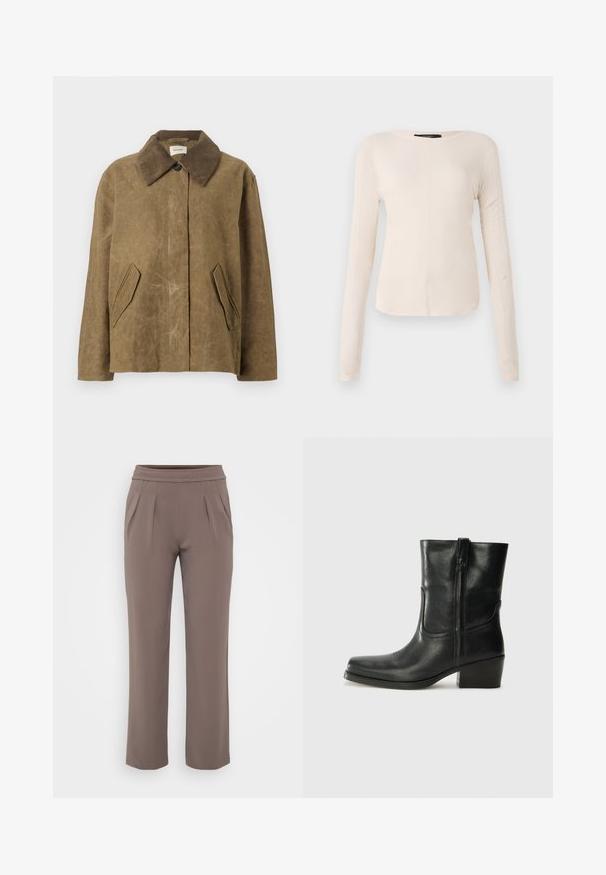 Rudas vaškas paltas su šonine korėja, turintis du kampinius šoninius kišenes ir laisvą, kvadratinį siluetą. Minkšta tekstūra su šiek tiek nusidėvėjusia išvaizda.; Ilgesnių rankovių, šviesiai bežinis viršus su apvaliu iškirpimu. Pagamintas iš minkštos medžiagos, turi centrinę siūlę ir šiek tiek kreivą apatinių kraštų liniją. Matomų detalių nėra.; Smėlinės laisvo kirpimo kelnės su elastinga juosmens juostele ir priekine klostele, pagamintos iš lygaus audinio.; Juodi odiniai aulinukai iki kulkšnies su apvali nosimi, blokuotais kulnais, šonine užtrauktuku ir siuvimo akcentais ant viršutinės dalies. Lygi tekstūra, klasikinis dizainas.