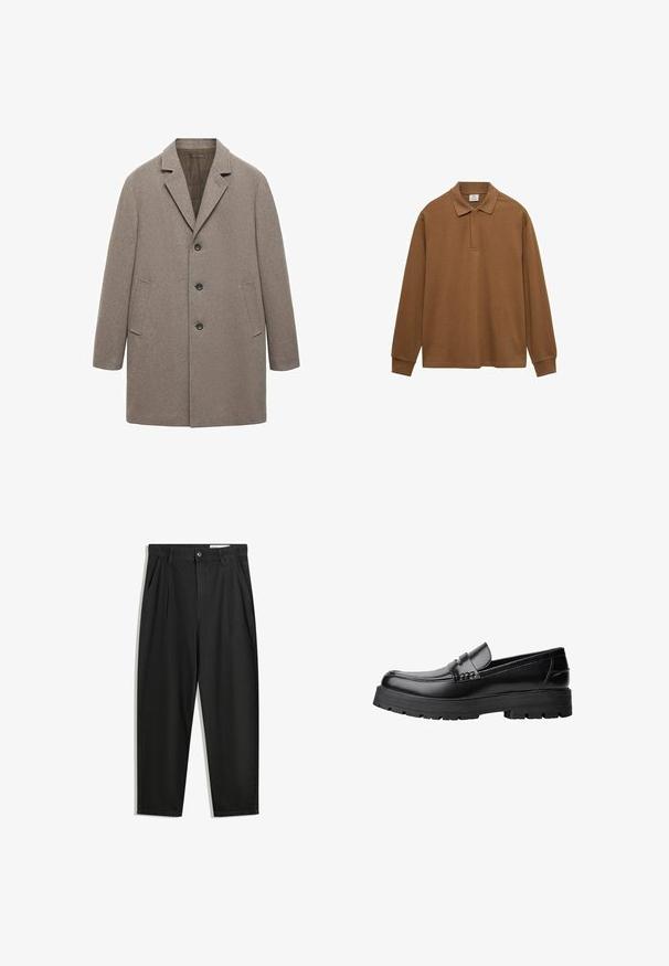 Cappotto in lana beige con revers a punta, chiusura con tre bottoni, tasche laterali e taglio dritto con finitura testurizzata.; Polo shirt marrone a maniche lunghe realizzato in cotone, con colletto, pattina con bottoni e polsini a costine; texture liscia e vestibilità rilassata.; Pantaloni in cotone neri con una vestibilità rilassata, dotati di una vita classica, pieghe frontali e tasche laterali. Tessuto liscio senza fantasie.; Mocassino in pelle nera con suola spessa e tassellata e fascia decorativa sulla parte superiore, mostrato in profilo sinistro su sfondo bianco.