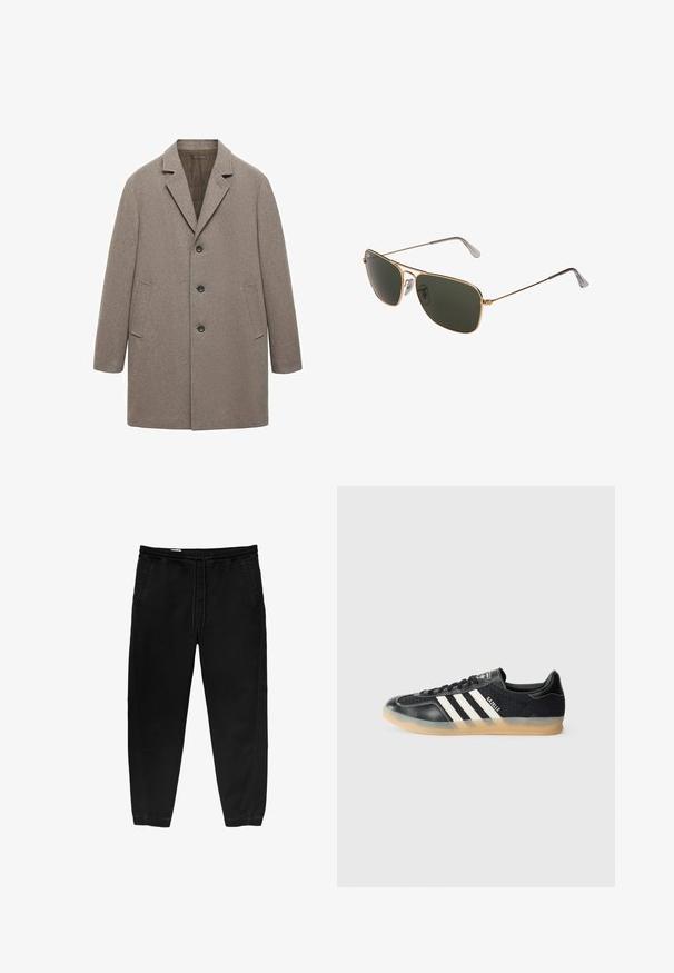Cappotto in lana beige con revers a punta, chiusura con tre bottoni, tasche laterali e taglio dritto con finitura testurizzata.; PULL&BEAR JOIN LIFE - T-shirt basic - black; Pantaloni neri con cintura elastica e coulisse, gamba affusolata, tasche laterali e sottili dettagli di cucitura laterale. Tessuto in cotone morbido.; Sneaker sportivo nero con strisce bianche, tessuto texturizzato, punta in pelle liscia e suola in gomma naturale. Presenta il logo sulla linguetta.; Occhiali da sole aviator in metallo dorato con grandi lenti verde scuro, caratterizzati da una montatura sottile e paduli nasali trasparenti per il comfort.
