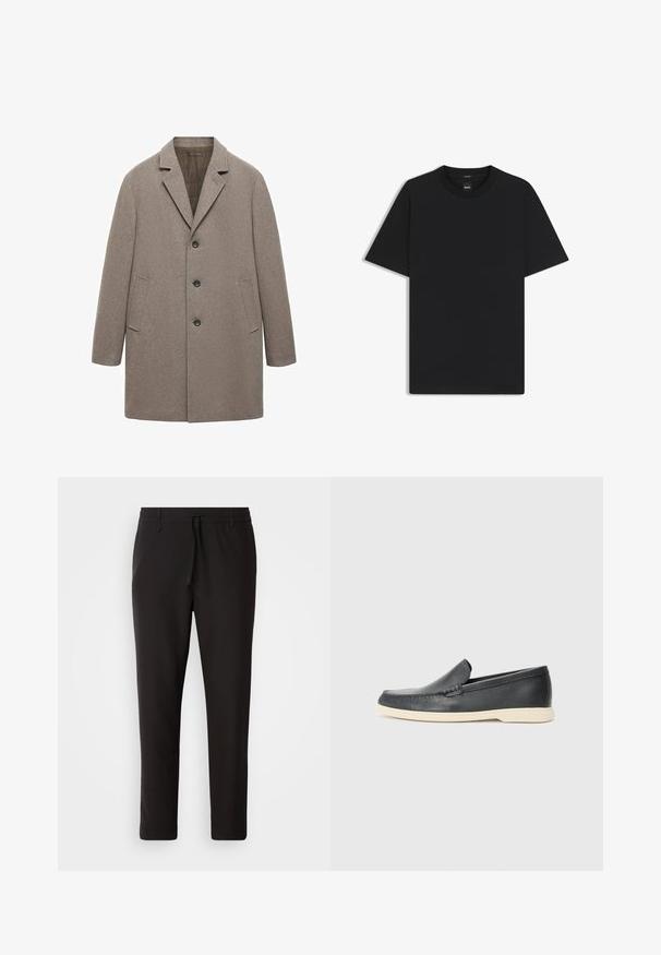 Beige Wollmantel mit Reverskragen, Drei-Knopf-Verschluss, seitlichen Taschen und geradem Schnitt, der eine strukturierte Oberfläche aufweist.; Schwarz T-Shirt mit kurzen Ärmeln aus einem glatten Baumwollmix, mit Rundhalsausschnitt und einem minimalistischen Design ohne Muster oder Akzente.; Schwarze Jogginghose aus glattem Stoff. Mit einem elastischen Bund und Kordelzug, schmal zulaufenden Beinen und ohne sichtbare Taschen. Einfaches Design.; Schwarze Leder-Slipper mit strukturiertem Finish und einer kontrastierenden beige Gummisohle. Mit einem dezenten Akzent an der Vorderseite.