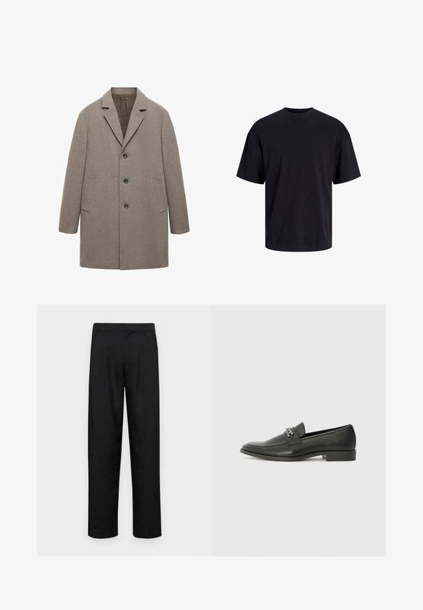 Bež plašč iz volne z razrezanim reverjem, zapiranjem na tri gumbe, stranskimi žepi in ravnim krojem ter teksturirano površino.; Črna bombažna majica s krojačkom izrezom, kratkimi rokavi in sproščenim krojem. Gladka tekstura in brez vidnih vzorcev ali poudarkov.; Črne hlače iz gladkega materiala, s krojem ravne noge, dvema sprednjima pregiboma in standardnim pasom z zankami za pas.; Črni usnjeni loafer z gladko površino, ki ima šivano zasnovo in dekorativni kovinski verižni naglas preko vampirja. Ravno peto.