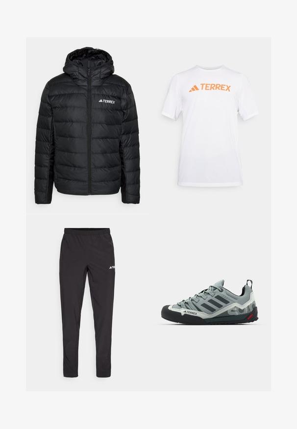Adidas Terrex TERREX MULTI LIGHT DOWN HOODED - Chaqueta de plumas - black; Camiseta atlética blanca de manga corta hecha de material transpirable, con un logotipo naranja "TERREX" en el pecho. Diseño simple con líneas limpias.; Pantalones deportivos negros con cinturilla elástica, dos bolsillos laterales con cremallera y un logo en la parte superior de la pierna derecha. Tela suave y ligera.; Zapatos de escalada grises con un upper texturizado, punta de goma negra, tres rayas oscuras y un pequeño acento rojo en la suela.