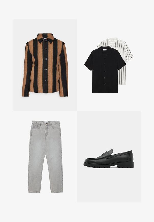 Brun og svart stripete ulljakke med spiss krage, frontlukking med knapper og to sidelommer. Teksturert stoff.; To korte ermer skjorter: en i ensfarget svart, en hvit med svarte vertikale striper. Begge har knappelukkinger og klassisk krage.; Lys grå denimbukser med rett ben-design, fem lommer og knappelukking. Synlig søm langs sømmene.; Sorte lærloafere med rund tå, med en syddesign, lav plattformsåle og en teksturert, ruggede gummisåle.
