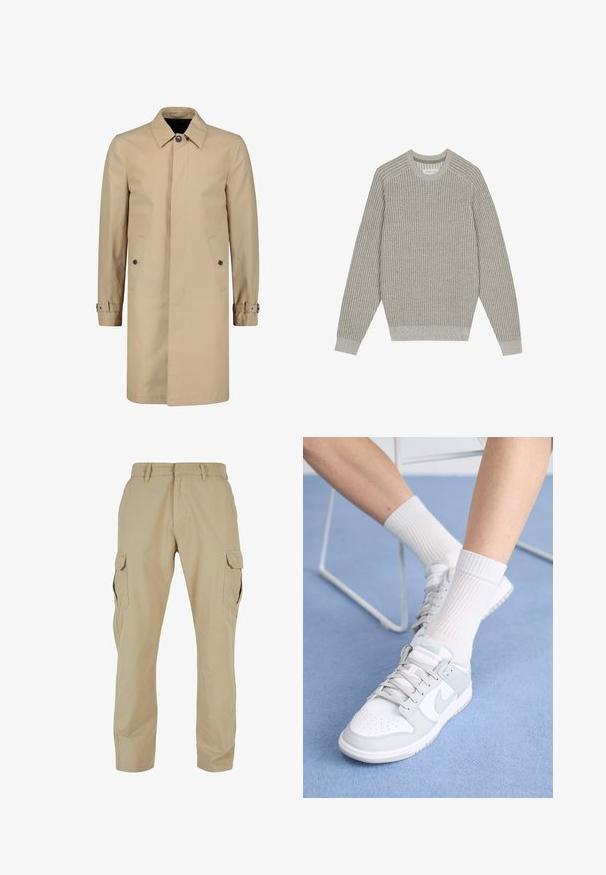 Beige színű esőkabát tartós anyagból, klasszikus gallérral, elöl gombos záródással, oldalsó zsebekkel és állítható mandzsettákkal.; Világosszürke kötött pulóver bordázott textúrával, kerek nyakkivágással és hosszú ujjakkal. Egyszerű dizájn, rugalmas szegélyek, minimális részletezés.; Bézs színű bélelt vászon cargo nadrág, amely több oldalsó zsebbel, egyenes szabással és cipzáras sliccel rendelkezik, övhurkokkal.; Fehér sportcipők világoskék részletekkel, bőr felsőrésszel, perforált orral, vastag fűzőkkel és bordázott fehér zoknikkal, kék háttér előtt.