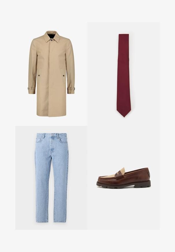 Beeži mantli kuub, mis on valmistatud vastupidavast kangast, klassikalise krae, esi nööbiga kinnituse, küljetaskute ja reguleeritavate mansettide rihmadega.; Valge pikkade varrukatega nööbiga särk, mis on valmistatud siledast kangast. Omab klassikalist kraed, esipaneeli nuppe ja ühe nööbiga mansette. Kitsas lõige.; Heledad sinine denimipüks, sirge säärekujundusega, viis taskut ja nööbiga sulgemine. Pehme tekstuur ja klassikaline kulunud viimistlus.; Pruunist nahast loaferid taupe-kangasaktsentiga, õmmeldud detailide ja tekstuurse kummitaldiga, mis on loodud mugavuse ja vastupidavuse tagamiseks.; Burgundia siidist lips, kitsas kuju ühtlase tekstuuriga. Omab teravat otst, ühtlast värvi ja siledat viimistlust.