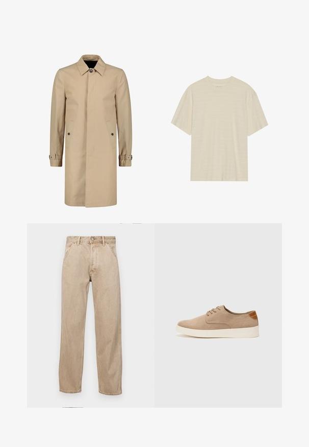 Beige Trenchcoat aus strapazierfähigem Stoff mit klassischem Kragen, vorderem Knopfverschluss, seitlichen Taschen und verstellbaren Manschettenriemen.; Cremfarbener T-Shirt mit kurzen Ärmeln, das über eine subtile gestreifte Textur und einen runden Ausschnitt verfügt, aus leichtem Stoff gefertigt.; Beige Denim-Jeans mit geradem Beinschnitt, ausgestattet mit Vordertaschen, einem Metallknopfverschluss und feiner Textur.; Beige Wildleder-Sneaker mit runder Zehenpartie, Schnürung und strukturiertem Rückenteil. Die weiße Gummisohle sorgt für einen Kontrast. Einfaches und modernes Design.