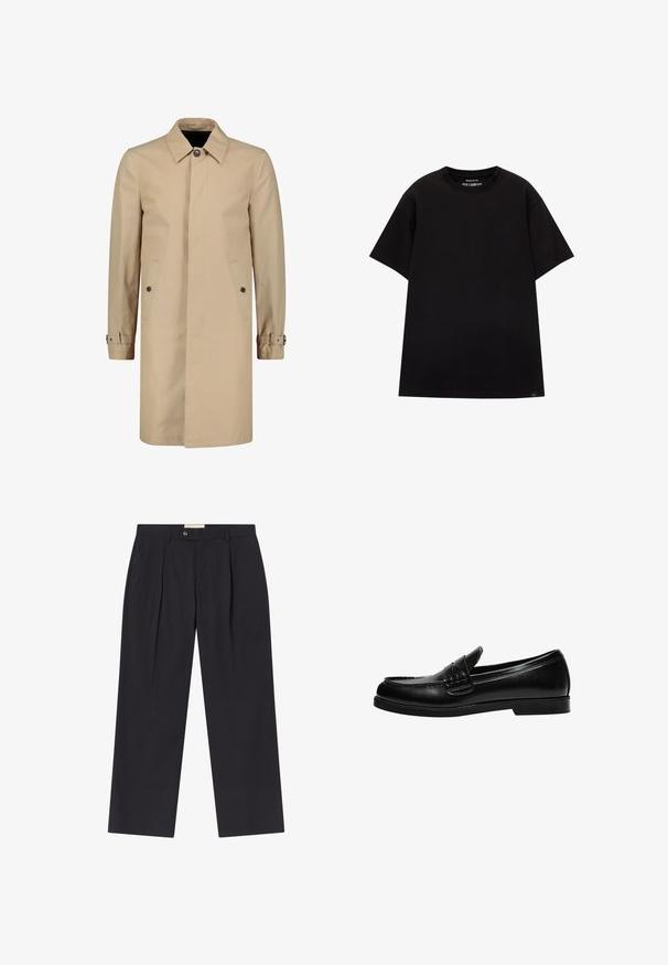 Beige trenchcoat i et slidstærkt stof med klassisk krave, frontknaplukning, sidelommer og justerbare manchetremme.; PULL&BEAR JOIN LIFE - T-shirts basic - black; Skræddersyede mørkeblå bukser med høj talje, to fork gasper, knaplukning og lige ben i glat stof.; Sorte læder loafers med en glat overflade, der har en syning detalje på vampen og en lav, solid sort gummisål.