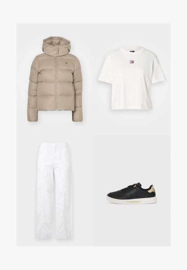 Bežna puffer jakna z zadrgo spredaj, kapuco na gumb in stranskimi žepi. Ima kvadratno teksturo in subtilen logotip na prsih.; Bela bombažna majica s krojnim izrezom in kratkimi rokavi. Na prsih ima majhen barvit logotip s rdečimi, modrimi in belimi akcenti.; Bela široka hlače iz lahkega materiala, ki se ponašajo z gladko teksturo, čistimi linijami in visokim pasom.; Črne usnjene teniske z gladko teksturo, bele gumijaste podplate, zlatimi detajli na peti in očesci ter logotipom na strani.