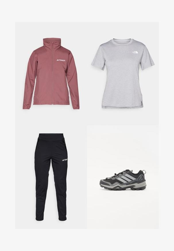 adidas Terrex Vízlepergető széldzseki - quiet crimson; Szürke, rövid ujjú póló, puha, nedvességet elvezető anyagból készült. Kerek nyakú, és egy kis fehér logó található a bal felső részen.; Fekete sportnadrág sima anyagból, testhezálló fazonnal, cipzáras zsebekkel és texturált alsó résszel. Az elején logó nyomtatva.; Fekete és szürke túracipő, texturált felülettel, gumitalppal és három kiemelkedő szürke csíkkal az oldalon; gyorsfűző rendszerrel rendelkezik.