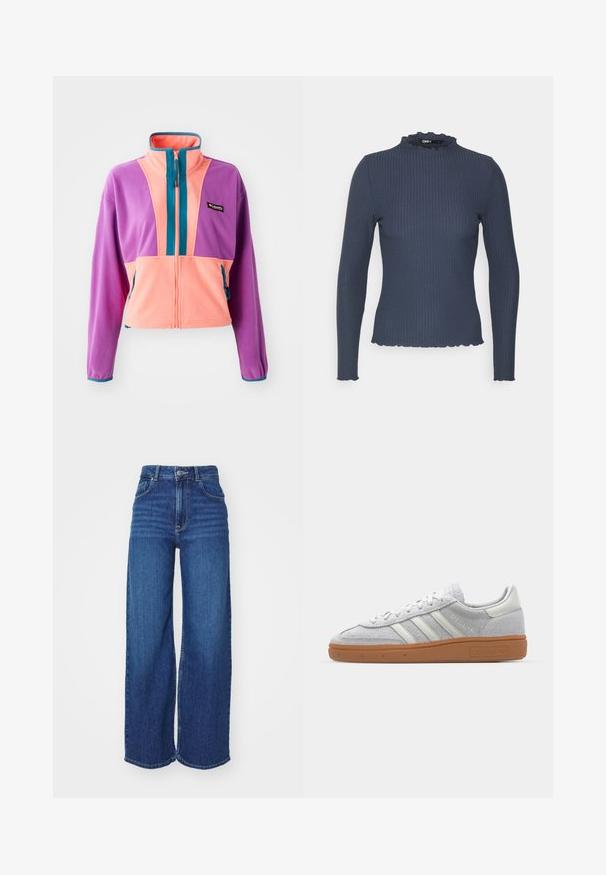 Fleecejacka med hög krage, med ett färgblockdesign i lila, rosa och teal. Dragkedja framtill och sidofickor.; Marinblå långärmad topp i ribbad textur. Har en hög halsringning med scallopkant och en slim fit-design.; Hög midja vida jeans i mörkblå denim. Har en knappstängning, framfickor och en ren söm. Slät textur genom hela plagget.; Ljusgrå mockasnörsko med vita läderdetaljer, tre vita ränder och en brun gummisula, med en vadderad krage för extra komfort.