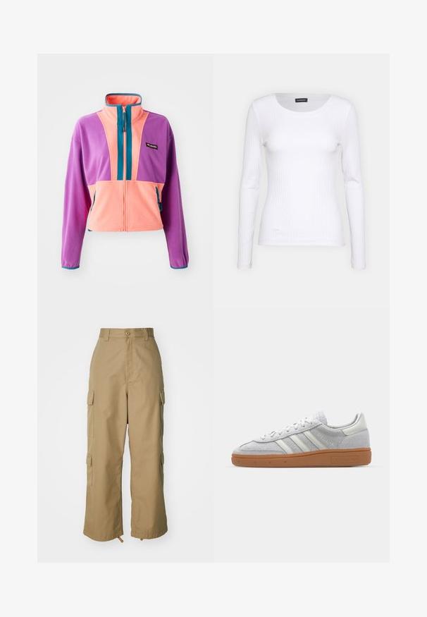 Fliisist jope kõrge kraega, millel on lilla, roosa ja türkiissinine värviblokkide disain. Ees lukuga ja küljetaskud.; Valge soonikuline pikkade varrukatega pluus ümmarguse kaelusega. Valmistatud venivast kangast, mis kehale siledalt ümber läheb. Omab peeneid horisontaalseid jooni.; Beezid kargo püksid kõrge vöökohaga, laiad jalad ja neli suurt külgtaskut. Valmistatud vastupidavast kangast, millel on sile tekstuur ja minimaalne detail.; Heledad hallhall kreemikas nähtav dress särk valgete nahka elementidega, kolm valget triipu ja pruun kummikreen, millel on mugavuse tagamiseks pehmendusega kaelus.