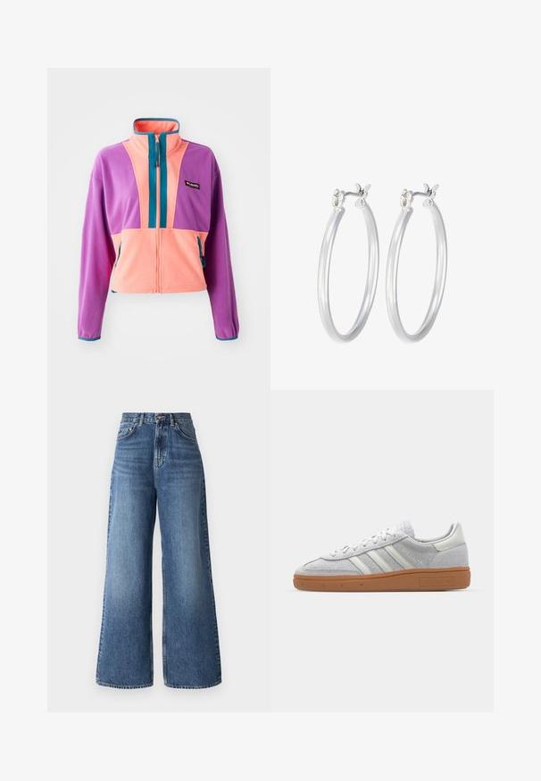 Flis jakna z visokim ovratnikom, z barvnim blokovanim dizajnom v vijolični, roza in morsko zeleni barvi. Zadrga spredaj in stranska žepa.; Bela rebrasta majica z dolgimi rokavi in okruglim izrezom. Narejena iz elastičnega materiala, ki se prilega telesu. Značilen je diskreten horizontalni potisk.; Visoko pasovi široke hlače iz lahkega modrega denima, ki vključujejo klasičen pet žepni dizajn in subtilno bledenje vzdolž nog.; Svjetlo sivi suedesni sportski cipeli s bijelim kožnim naglascima, tri bijele pruge i smeđi gumeni potplat, s podstavljenim ovratnikom za udobnost.; Srebrni obroči za ušesa z gladko, polirano površino. Okrogla oblika in varna zaponka s klikom. Lahka zasnova, primerna za vsakodnevno nošenje.