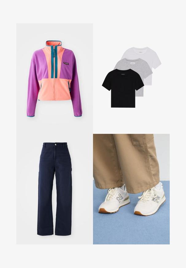 Φλις μπουφάν με ψηλό γιακά, διαθέτει σχέδιο χρωματικών μπλοκ σε μωβ, ροζ και τιρκουάζ. Με φερμουάρ μπροστά και πλαϊνές τσέπες.; Σετ τριών κοντομάνικων μπλουζών σε μαύρο, γκρι και άσπρο. Κατασκευασμένες από βαμβάκι, διαθέτουν λαιμόκοψη και απλό, μονόχρωμο σχέδιο.; Ναυτικό μπλε παντελόνια cargo με φαρδιά πόδια από ανθεκτικό βαμβακερό ύφασμα, διαθέτοντας πλαϊνές τσέπες και κουμπί κλεισίματος στη μέση.; Λευκά αθλητικά παπούτσια με υφή, μπεζ καουτσούκ σόλα. Διαθέτουν μπλε μοτίβο ζώου και επίπεδες, μπεζ κορδόνες, σε συνδυασμό με καφέ παντελόνια.