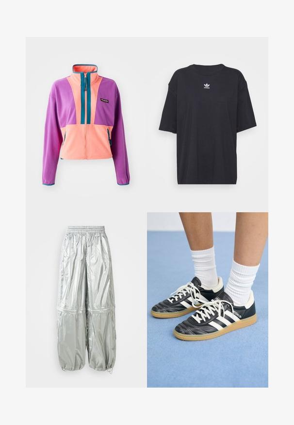 Fleece-takki korkealla kauluksella, jossa on violetti, vaaleanpunainen ja teal-värinen väriesteiden suunnittelu. Vetoketjullinen etumus ja sivutaskut.; Musta puuvillapaita lyhyillä hihoilla, pyöreä pääntie, jossa on valkoinen Adidas-logo rinnassa. Yksinkertainen muotoilu, rento istuvuus.; Valkoinen kevyet cargo-housut, joissa on kiiltävä pinta, joustava vyötärö, kootut hihansuut ja kaksi suurta etutaskua.; Mustat nahkasneakerit valkoisilla raidoilla, pyöreä kärki, valkoiset nauhat ja kumipohja. Korostaa pehmustettua kaulusta ja brändäysohjeita.