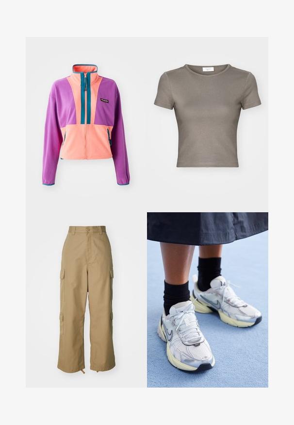 Giacca in pile con colletto alto, caratterizzata da un design a blocchi di colore in viola, rosa e turchese. Chiusura con zip e tasche laterali.; T-shirt a maniche corte, con scollo a girocollo, di colore taupe, realizzato in cotone morbido. Presenta un design aderente e cuciture rifinite lungo l'orlo e le maniche.; Pantaloni cargo beige con vita alta, gamba ampia e quattro grandi tasche laterali. Realizzati in un tessuto resistente con una texture liscia e dettagli minimi.; Nike sneakers bianchi e argento con tessuto in rete, dettagli riflettenti e suola beige. Indossati con calze nere, in piedi su una superficie blu.