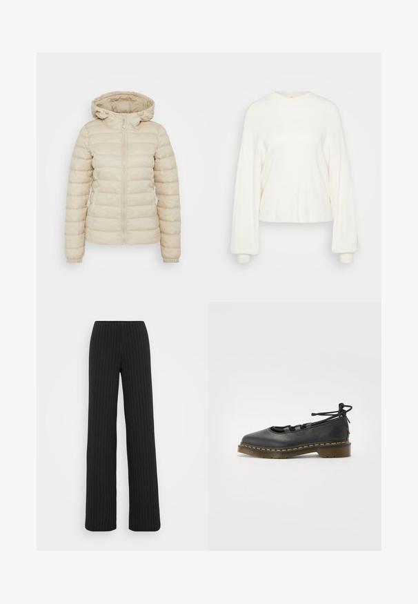 Beige pehmeä takki, jossa on vetoketjukiinnitys, säädettävä huppu, joustavat hihansuut ja tikattu kuvio eristyksen takaamiseksi.; Valkoinen cropped-neulepusero, joka on valmistettu pehmeästä neuloksesta. Ominaisuuksiin kuuluu pyöreä pääntie ja pitkät, ylisuuret hihat, joissa on tiukat hihansuut. Yksinkertainen muotoilu.; Vero Moda Tall VMBERLIN MY WIDE - Housut - obsidian/oatmeal; Musta nahkakengät pyöreällä kärjellä, matalalla korolla, nauhatyylillä ja keltaisella ompeleella pohjan ympärillä. Sileä rakenne ja matta pinta.