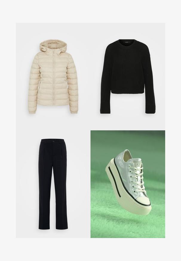 Beige polsterdatud jakk, millel on lukuga etteosa, reguleeritav kapuuts, elastsed mansetid ja soojustamiseks kooti muster.; Mustmust jume mustris with ringiga ja pikkade varrukatega. Omab tekstuurset mustrit ja lühendatud disaini.; Mustad püksid sirge lõikega, millel on esiplekked ja nööpkinnitus, valmistatud siledast kangast. Puhtad jooned kogu ulatuses.; Metallic hõbedane toss, millel on platvormi põhi, valged nöörid ja mustad aktsendid. Omab ümardatud varbaosa ja tekstureeritud kummist välispinda.