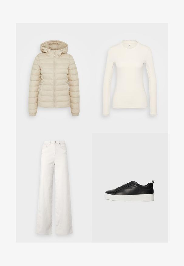 Beige gepolsterte Jacke mit Reißverschluss, verstellbarer Kapuze, elastischen Bündchen und einem gesteppten Muster zur Isolierung.; Langärmliges weißes Oberteil mit gerippter Textur. Verfügt über einen zarten Rüschensaum am Kragen und an den Ärmeln. Einfaches, figurbetontes Design.; ONLY Tall ONLHOPE GLOBAL HIGH WAIST WIDE - Stoffhose - pumice stone; Schwarze niedrige Leder-Sneaker mit schwarzen Schnürsenkeln und dicker weißer Gummisohle, von der Außenseite auf weißem Hintergrund betrachtet.