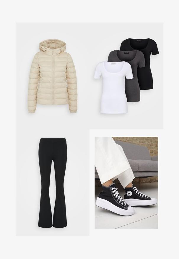 Jacket bej captusit cu fermoar în față, glugă ajustabilă, manșete elastice și un model matlasat pentru izolație.; Trei tricouri ajustate, în alb, gri și negru. Fiecare are un decolteu larg în formă de cerc și mâneci scurte. Fabricate dintr-un material neted și elastic.; Pantaloni negrii evazați dintr-un material elastic, având un talie înaltă și o textură netedă. Pantalonii se lărgesc de la genunchi.; Sneakers negre înalte din pânză, cu tălpi și șireturi albe din cauciuc. Prezintă un logo circular pe lateral și cusături albe în contrast.