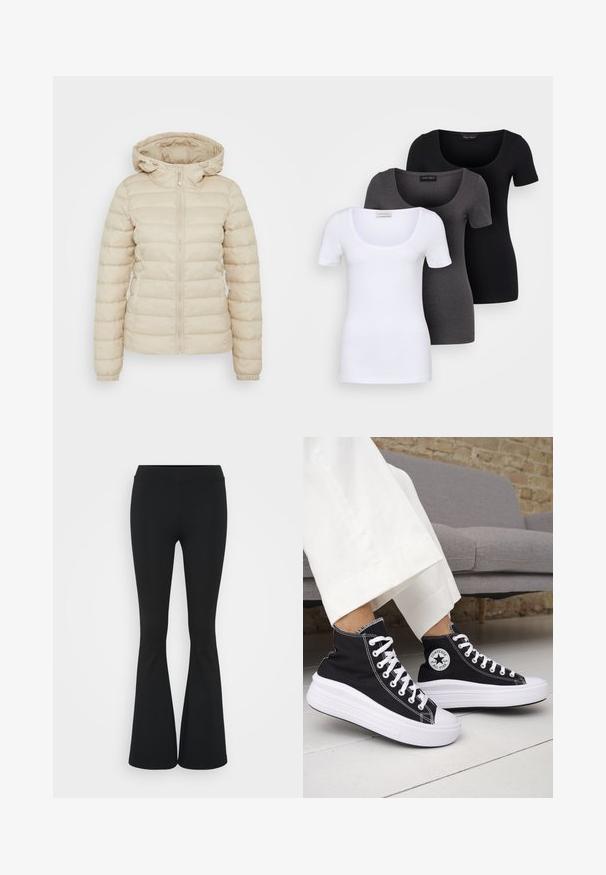 Beige padded jacket featuring a zip front, adjustable hood, elastic cuffs, and a quilted pattern for insulation.; Three fitted T-shirts in white, gray, and black. Each features a wide scoop neckline and short sleeves. Made from smooth, stretchy fabric.; Black flared pants made of stretchy fabric, featuring a high waistband and a smooth texture. The pants flare out from the knee.; Black high-top sneakers with white rubber soles and laces. Features a round logo patch and contrasting white stitching. Canvas material.