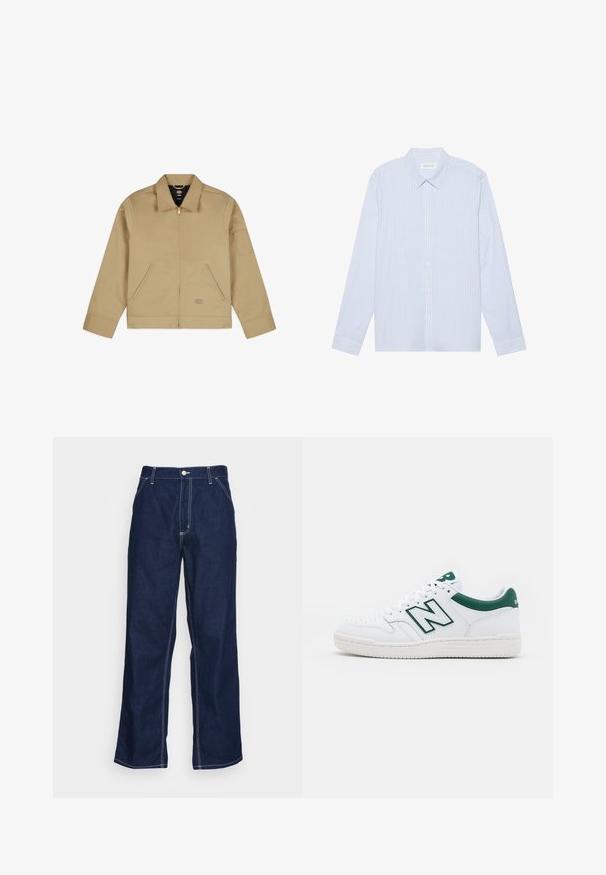 Καφέ ελαφρύ μπουφάν με γιακά, φερμουάρ μπροστά, δύο πλαϊνές τσέπες και ένα πατσαρτιστό στην αριστερή μανσέτα. Λείο, ανθεκτικό ύφασμα με δομημένο σχέδιο.; Ανοιχτό μπλε ριγέ πουκάμισο με μακριά μανίκια και κουμπιά. Διαθέτει παραδοσιακό γιακά, λευκά κουμπιά και απαλό ύφασμα από βαμβάκι.; Σκούρο μπλε τζιν παντελόνι με φαρδιές γάμπες, που διαθέτει ψηλή μέση, μπροστινές τσέπες και αντίθεση λευκή ραφή κατά μήκος των ραφών.; Λευκό sneakers με πράσινες λεπτομέρειες, δερμάτινη επένδυση, τρύπες στη μύτη, κούμπωμα με κορδόνια και υφασμένο καουτσούκ στη σόλα. Έχει το χαρακτηριστικό λογότυπο "Ν".