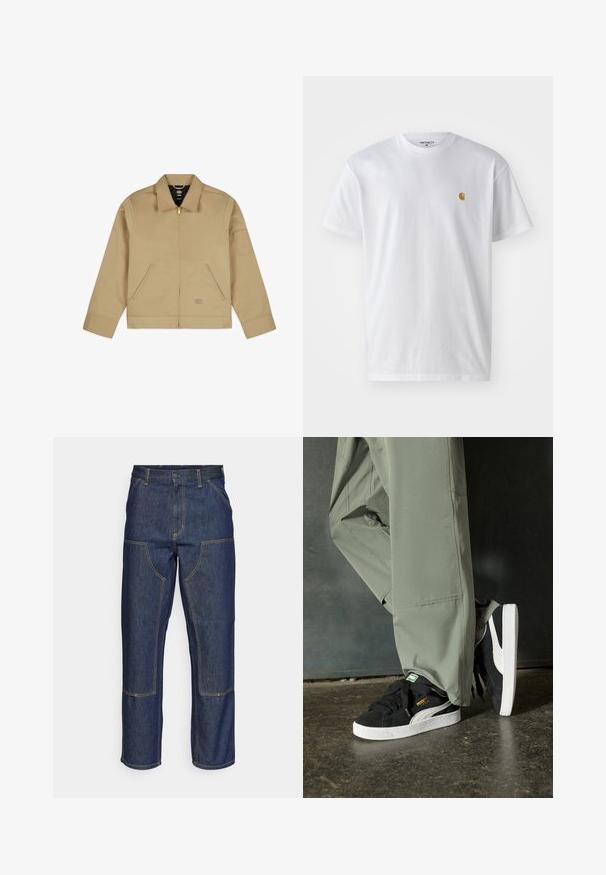 Světle hnědá lehká bunda s límcem, zipem vpředu, dvěma bočními kapsami a nášivkou na levém rukávu. Hladká, odolná tkanina se strukturovaným designem.; Bílé bavlněné tričko s krátkým rukávem a kulatým výstřihem, s malým zlatým logem na levé straně hrudi. Měkká textura a klasický střih.; Tmavě modré džíny s vysokým pasem, rovnými nohavicemi, kontrastním šitím a nášivkami na přední straně.; Černé semišové tenisky s bílými gumovými podrážkami a bočními pruhy, spárované se světle zelenými cargo kalhotami, stojící na texturovaném tmavém povrchu.