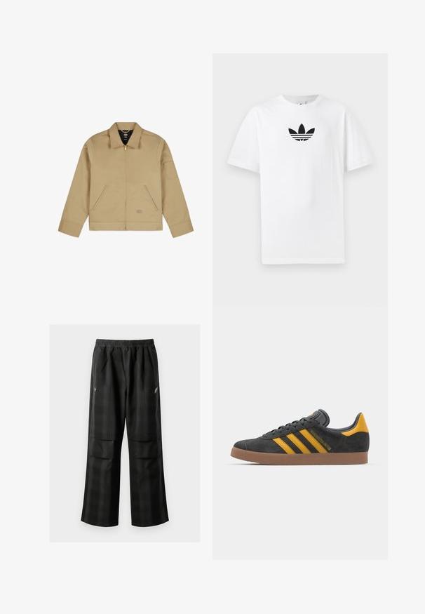Casaco leve cor de areia com colarinho, fecho éclair à frente, dois bolsos laterais e um emblema no braço esquerdo. Tecido liso e durável com um design estruturado.; T-shirt de algodão branco com um logo preto da Adidas no centro. Mangas curtas e um design de gola redonda. Textura suave.; Calças pretas em padrão xadrez com cintura elástica, dois bolsos frontais e um ajuste solto com design de perna reta. Feitas de material leve.; Tenis em camurça preta com detalhes amarelos, apresentando três riscas e uma sola de borracha castanha. Inclui uma língua acolchoada para maior conforto.