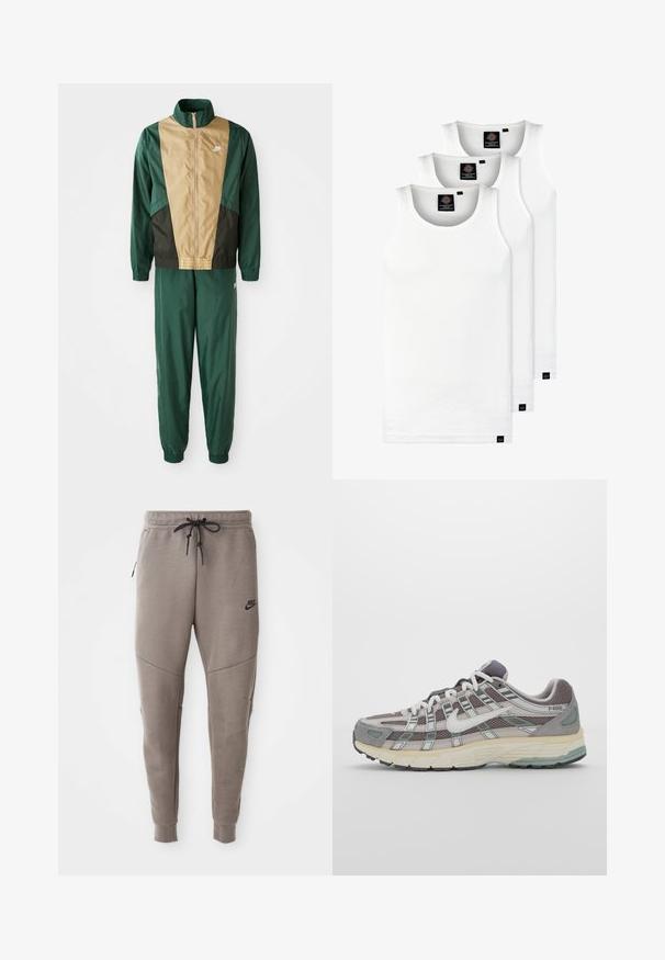 Grønn og brun vindjakke med full glidelås, høy krage og elastiske mansjetter, kombinert med matchende bukser. Nike-logo på jakken.; Tre hvite ribbestrikkede tank topper laget av bomull. Har en rund hals og små svarte etiketter nær kanten. Tilgjengelig i flere størrelser.; Grå Nike joggebukser med snor i midjen, smale ben, sidelommer og distinkte sømdetaljer. Myk, teksturert stoff.; Grå treningssko med overdel i nett og semsket skinn, hvite detaljer, en polstret såle, og et særpreget design med reflekterende elementer.