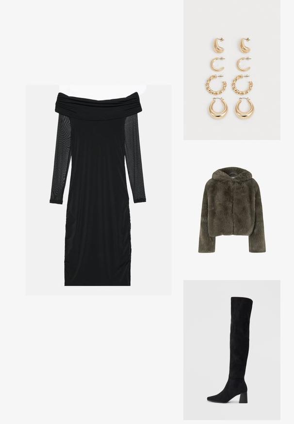 Hettekuttet jakke i mørkegrå fake pels. Har lange ermer og en myk, teksturert overflate med et enkelt, rent design.; Svart avdempet kjole med lange gjennomsiktige mesh-ermer, rynkede sider, glatt stoff og en tettsittende silhuett.; Sorte semskede knelang støvel med blokk-heelsk, spiss tå og glatt, sømløst design på en ensfarget lys bakgrunn.; Svart håndveske med strukturert form, jevn tekstur og metallisk lås. Kombinert med brede svarte bukser og sandaler med åpen tå på tregulv.; Sett med fem gulløredobber, med varierte design: vridde, ribbede og glatte overflater i både hoop- og halvmåneformer.